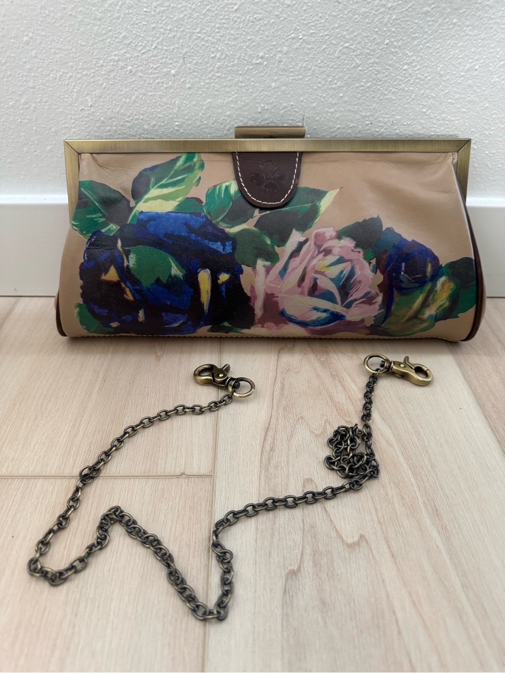 Patricia Nash Beige Floral Frame Clutch with Blue & Pink Roses